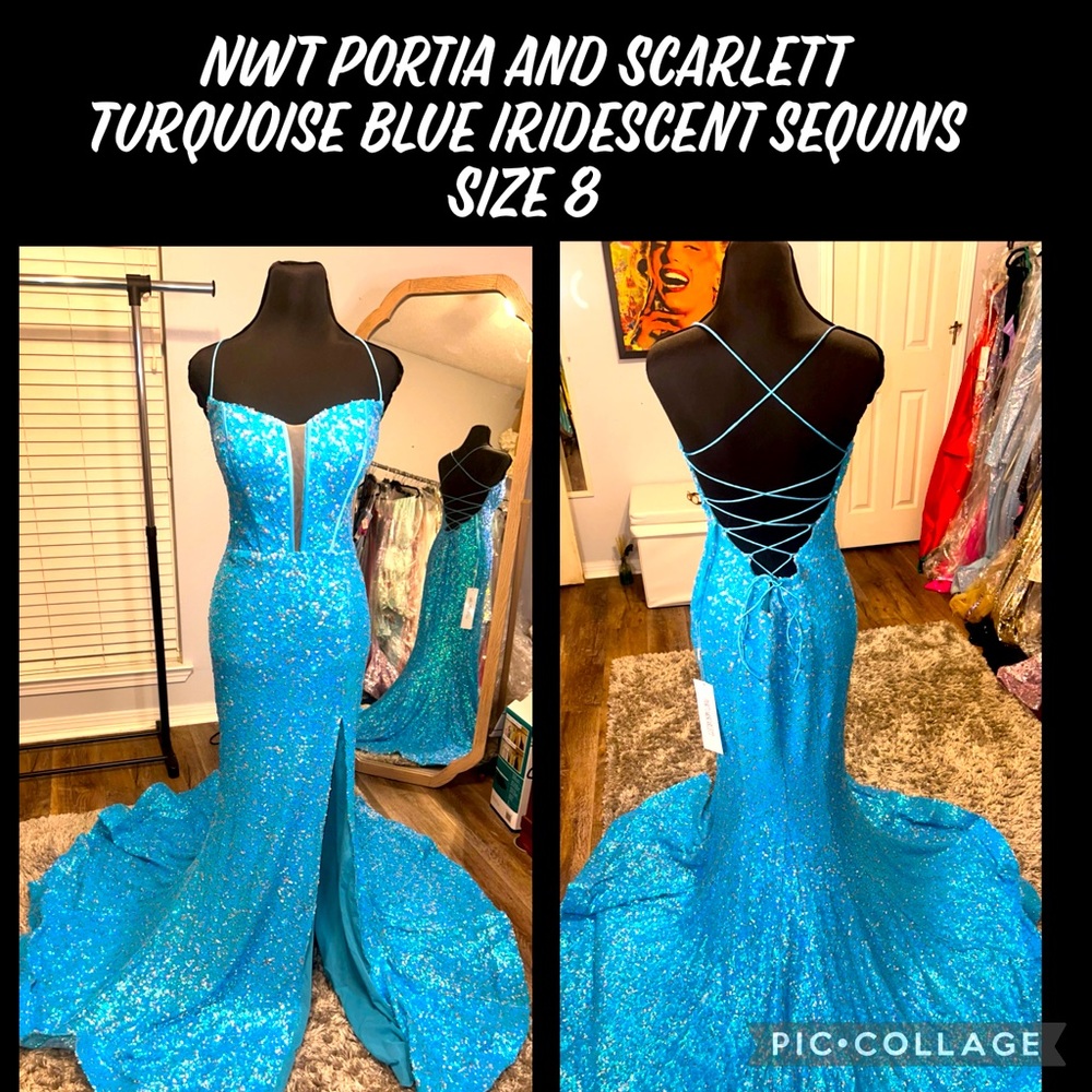 NWT Portia and Scarlett Turquoise Blue and gold iridescent sequins size 8